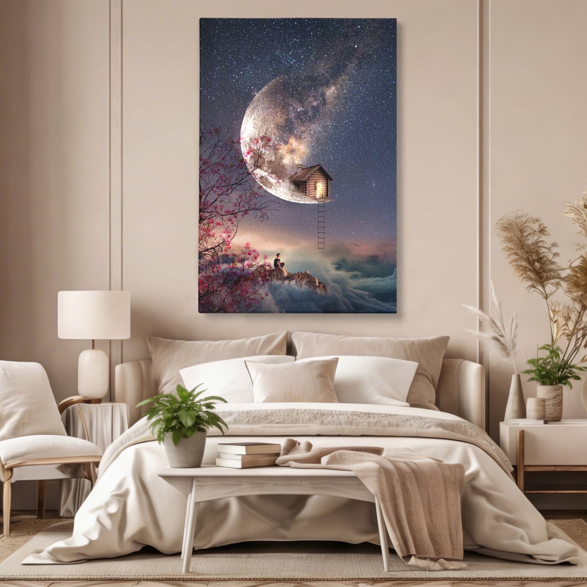 Tablou canvas cu ilustratie digitala cu casa pe luna, fara rama, pe sasiu de lemn, pe perete intr-un dormitor